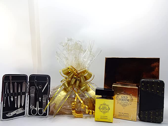 Luxury Gift For Men, Gold Fortune EDT AMAZSCENT 100ml EDT For Men & Luxury Manicure Tool Kit Gift Wrapped Gift Hamper