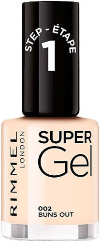 Rimmel Super Gel Nail Polish shade 002 Buns Out in a light peachy nude tone with glossy finish