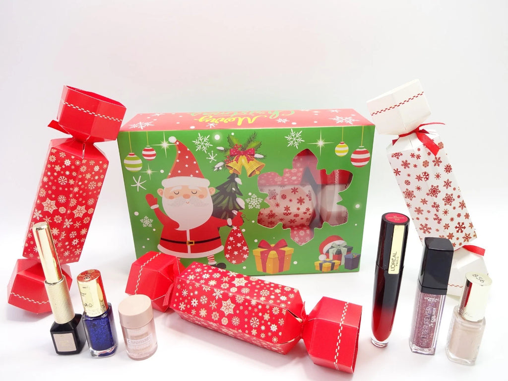 L’Oreal Christmas Cracker Collection gift set featuring red and white festive crackers with assorted makeup items