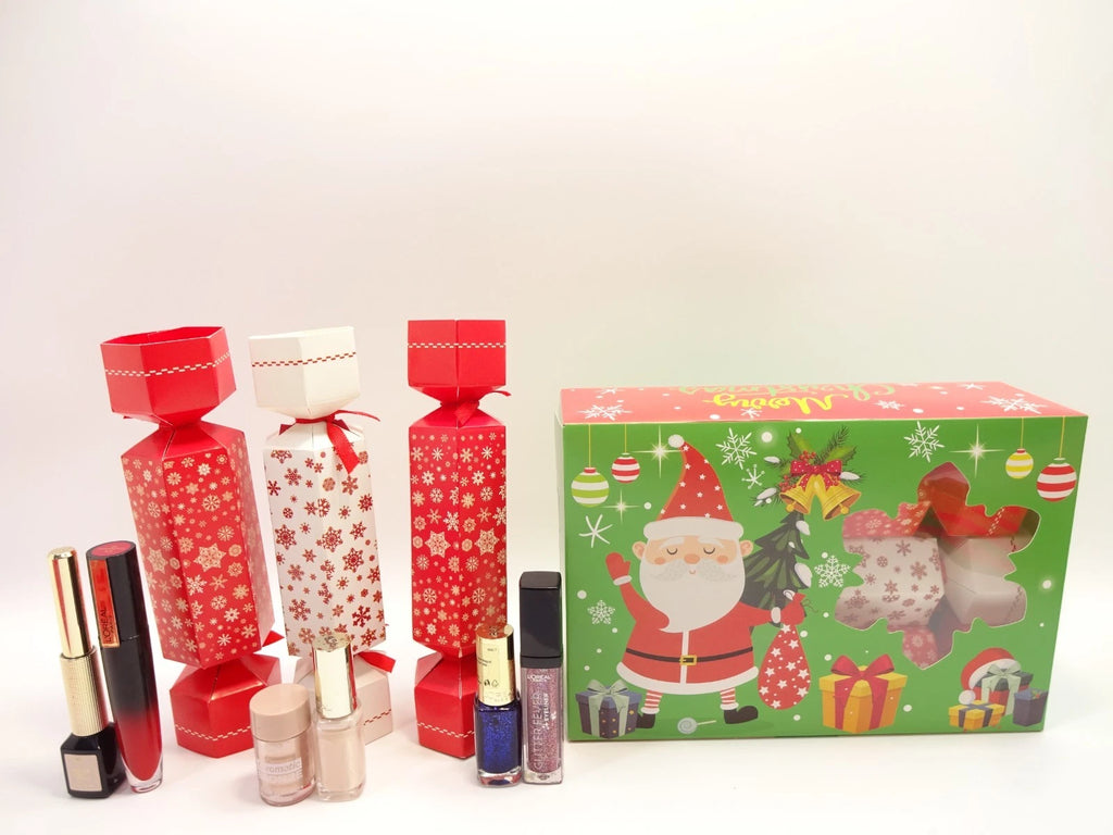 Christmas-themed L’Oreal gift box with Santa design and beauty crackers inside