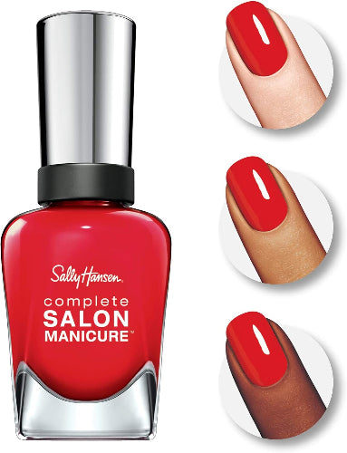 Close-up swatches of Sally Hansen Complete Salon Manicure shade 235 Warm Regards on different skin tones