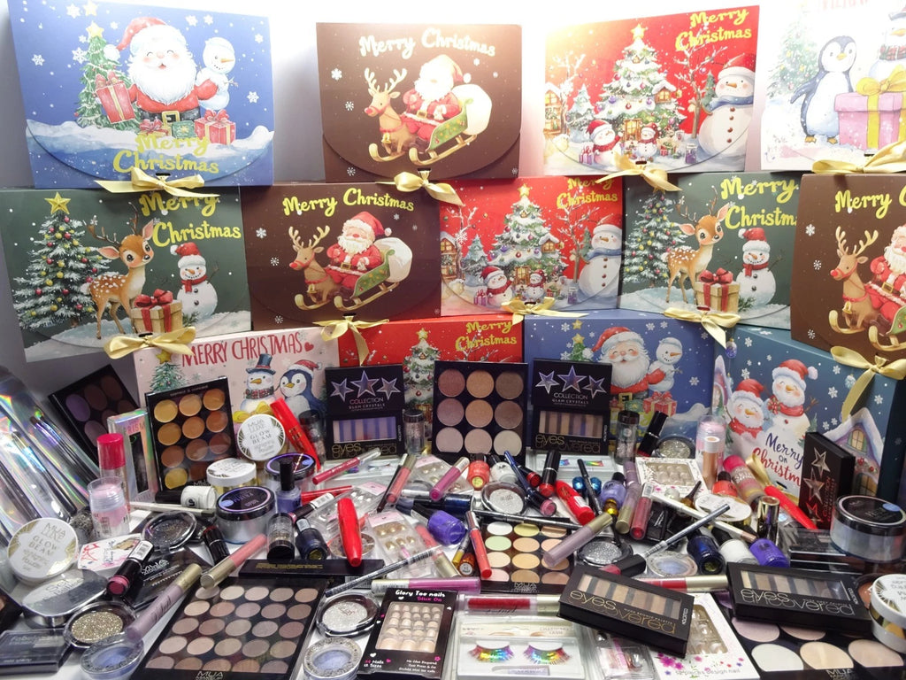Collection of Christmas-themed makeup advent calendars with various cosmetic products.