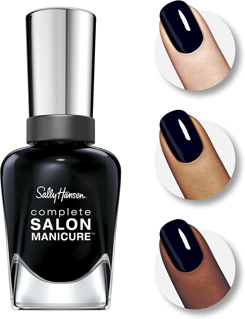 Three nail samples wearing Sally Hansen 016 To the Moon and Black polish on light, medium, and dark skin tones, highlighting the opaque coverage and salon-quality gloss finish