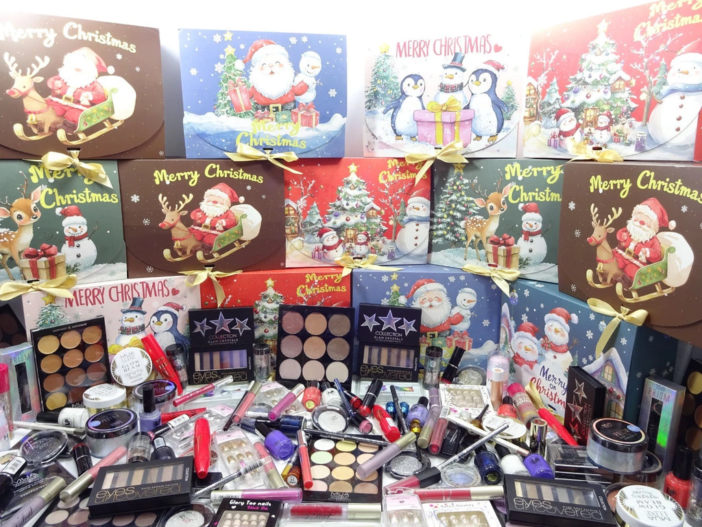 Collection of Christmas-themed makeup products and packaging on a table.