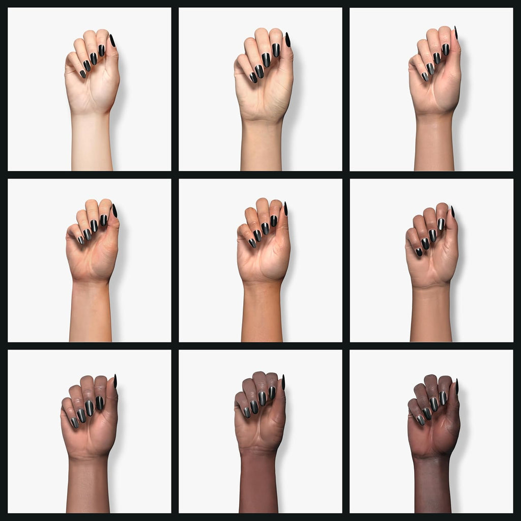 Grid of nine hands with different skin tones, all wearing Sally Hansen 016 To the Moon and Black nail polish, showcasing its versatility and universal appeal