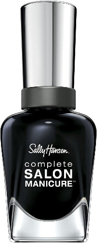 Sally Hansen Complete Salon Manicure Nail Polish bottle in shade 016 To the Moon and Black, shown in a clear glass bottle with sleek silver cap and bold black colour polish inside