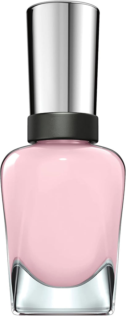 Side view of Sally Hansen Complete Salon Manicure 182 Blush Against The World bottle, silver cap and pastel pink nail varnish