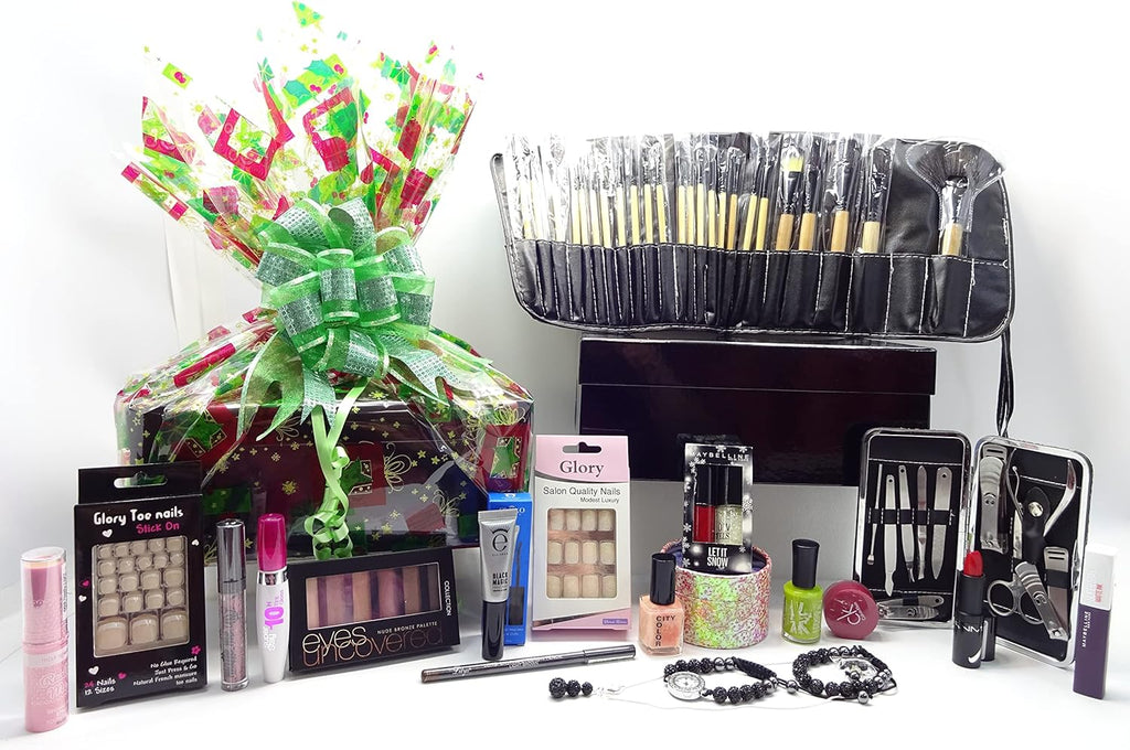 Luxuriously wrapped 18pc make up beauty bundle gift box with green ribbon and festive wrapping.