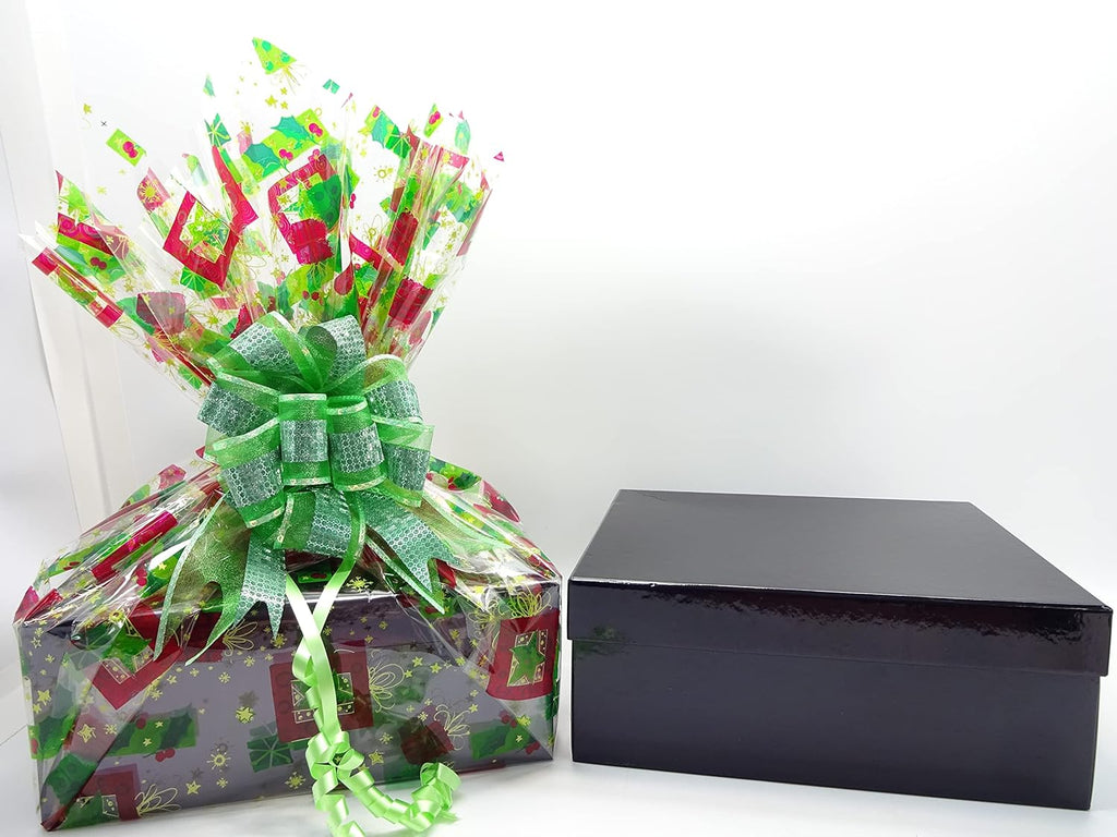 A festive wrapped gift box with green ribbon alongside the matching unwrapped black box.