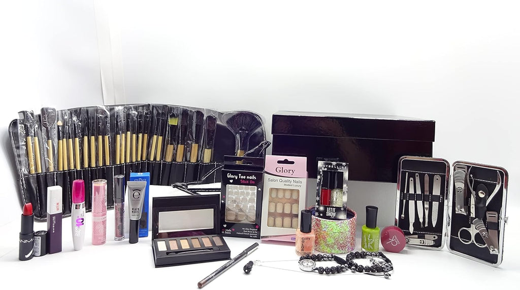 The contents of the 18pc Make Up Beauty Bundle, including makeup products, manicure tools, and professional Kabuki brush set.