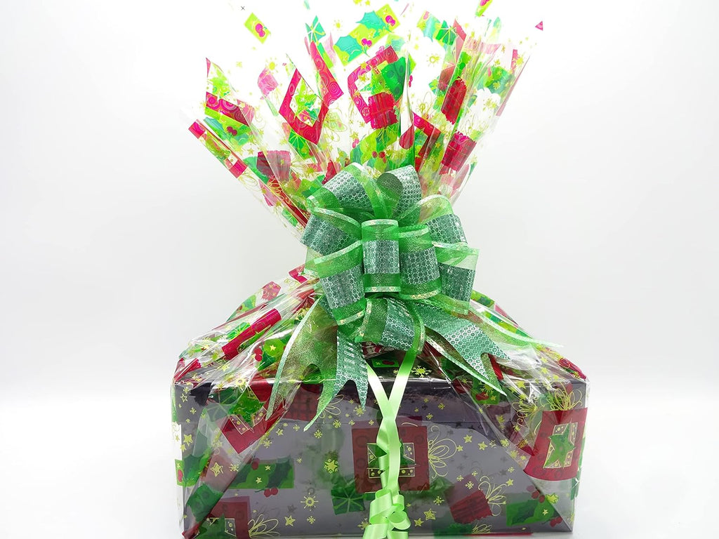 Beautifully wrapped 18pc beauty bundle gift set with green and red festive-themed ribbon and wrapping.