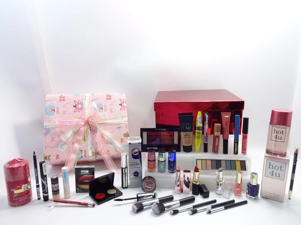 Assorted makeup products including lipsticks, nail polishes, and brushes on a white background