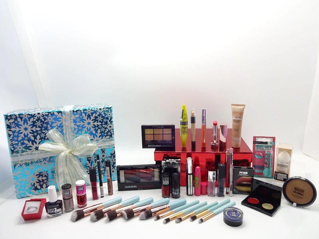 Maybelline Blockbuster 26pc Beauty Box Gift Set for Women with brushes, makeup, and accessories