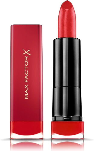 Max Factor Colour Elixir Lipstick in 2 Sunset Red with red cap and exposed bullet in classic lipstick packaging