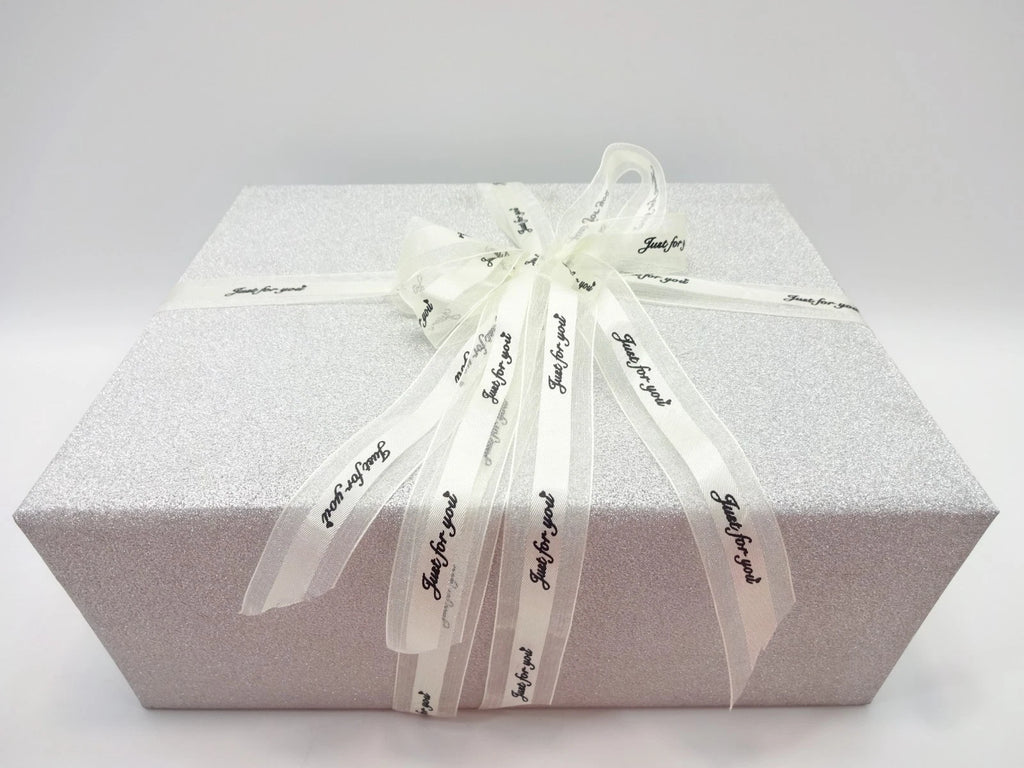 Silver glitter gift box with white ribbon "Just for You" – Maybelline Premium 26pc Beauty Box Makeup Gift Set
