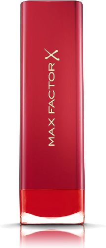 Closed tube of Max Factor Colour Elixir Lipstick in 2 Sunset Red showing the red-gold design and branding