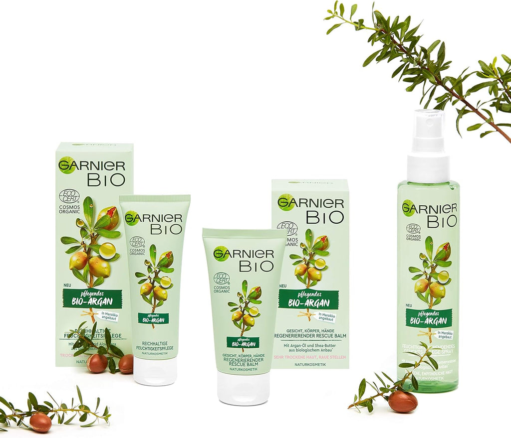 Garnier Bio skincare products with argan oil on a white background