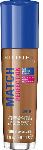 Rimmel London Match Perfection Foundation 506 Deep Noisette bottle with blue cap and 30ml size