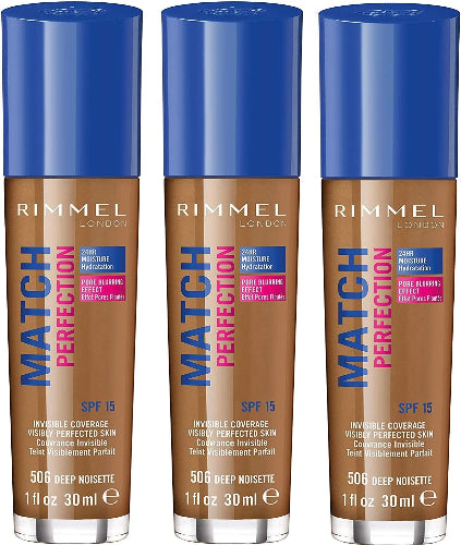 Rimmel London Match Perfection Foundation 506 Deep Noisette pack of 3 bottles with blue caps, 30ml each