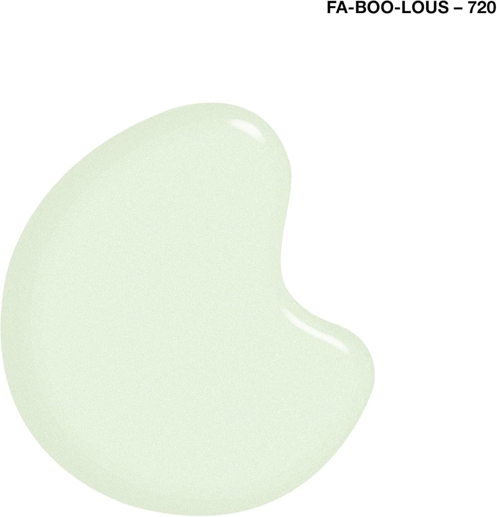Swatch of Sally Hansen Insta-Dri Glow in the Dark Nail Polish shade 720 Fa-BOO-lous showing soft pale green glow effect