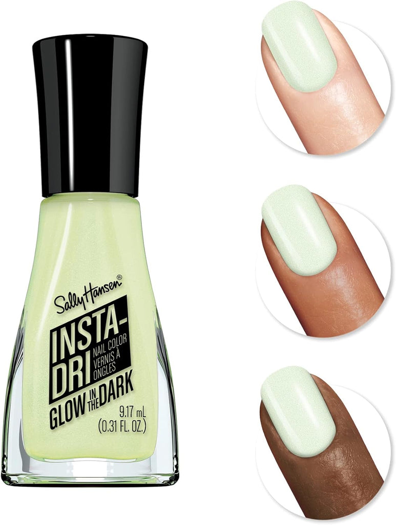 Close-up of Sally Hansen Insta-Dri Glow in the Dark Nail Polish 720 Fa-BOO-lous applied on nails across different skin tones, luminous pale green glow