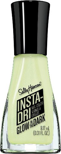 Sally Hansen Insta-Dri Glow in the Dark Nail Polish bottle with black cap in shade 720 Fa-BOO-lous, a pale glowing green finish