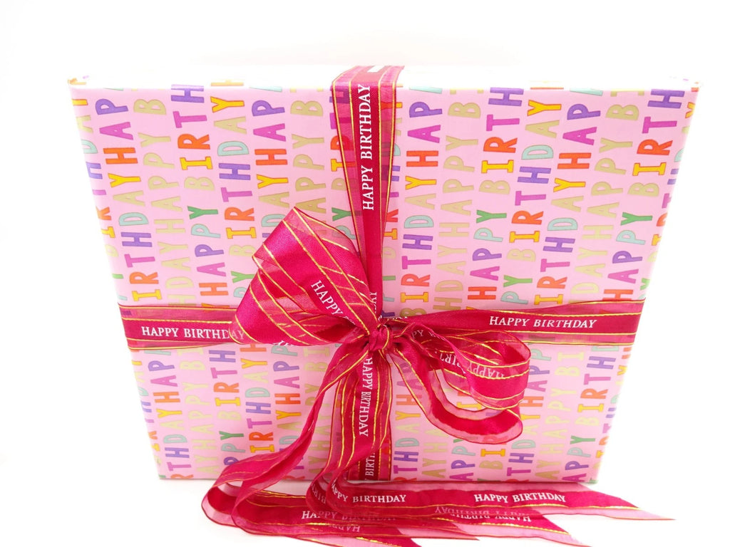 Gift box with 'Happy Birthday' text and a pink ribbon on a white background