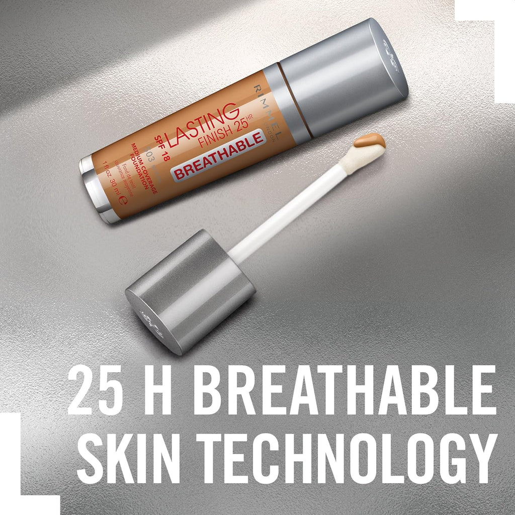 Rimmel London Lasting Finish Breathable Foundation 503 Mocha bottle with text highlighting 25H breathable technology
