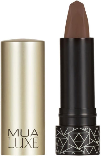 MUA Luxe Velvet Matte Lipstick shade 2 Taupe Grey Brown Mauve with geometric black base and gold cap open