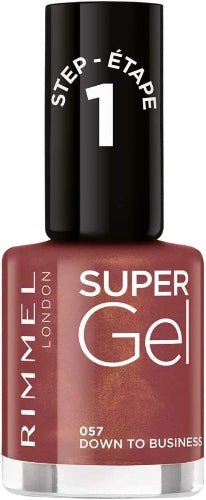 Rimmel Super Gel Nail Polish 057 Down to Business bottle with black cap and nude rose shade, 12 ml