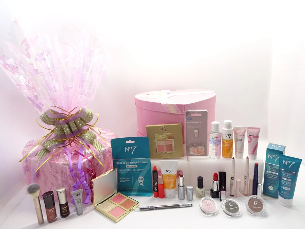 No7 and 17 beauty collection displayed beside pink heart-shaped box