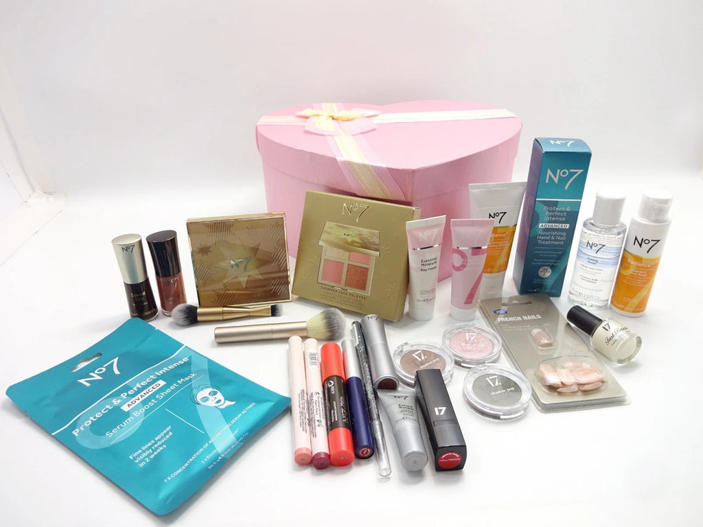 Full display of No7 and 17 beauty products including skincare, makeup, and brushes