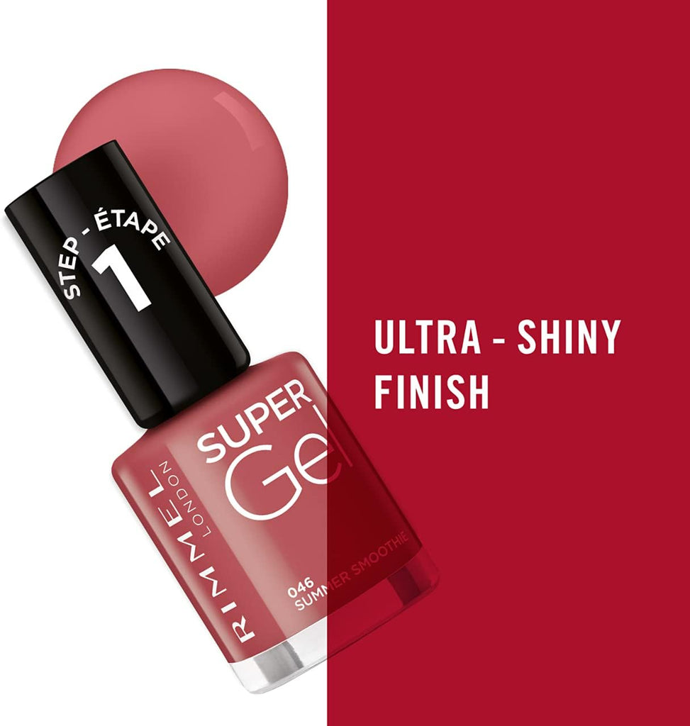 Rimmel 057 Down to Business Super Gel Nail Polish bottle showing ultra-shiny finish with nude rose tone