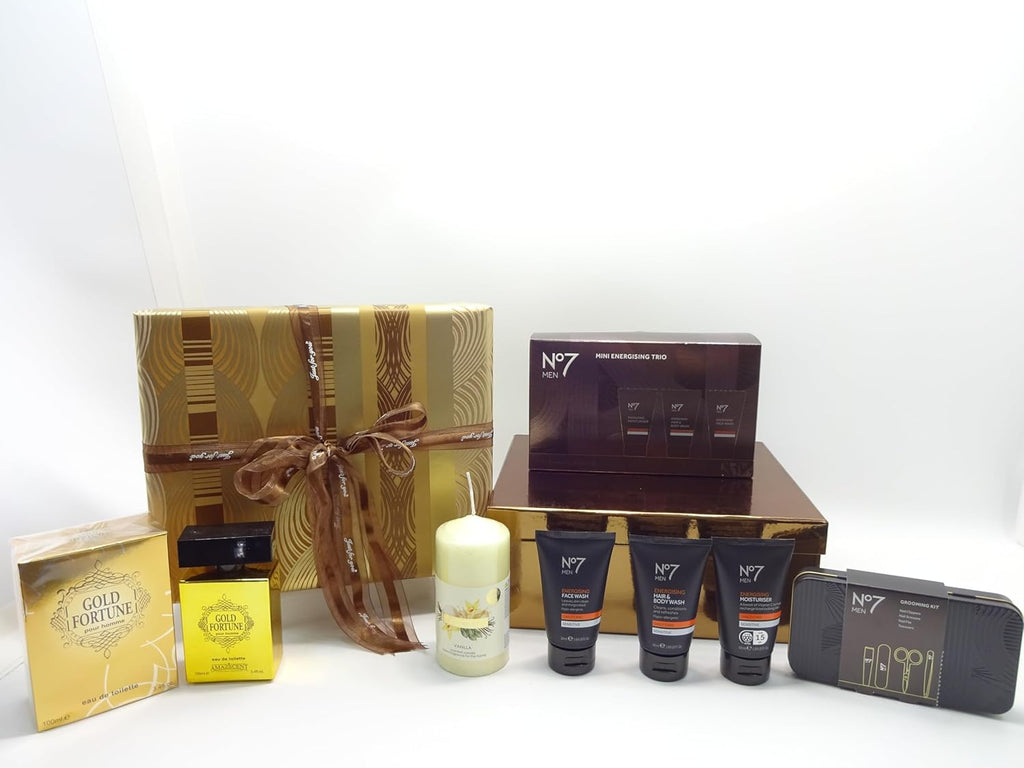 Display of Father’s Day gift set with No7 grooming items, Gold Fortune fragrance and candle