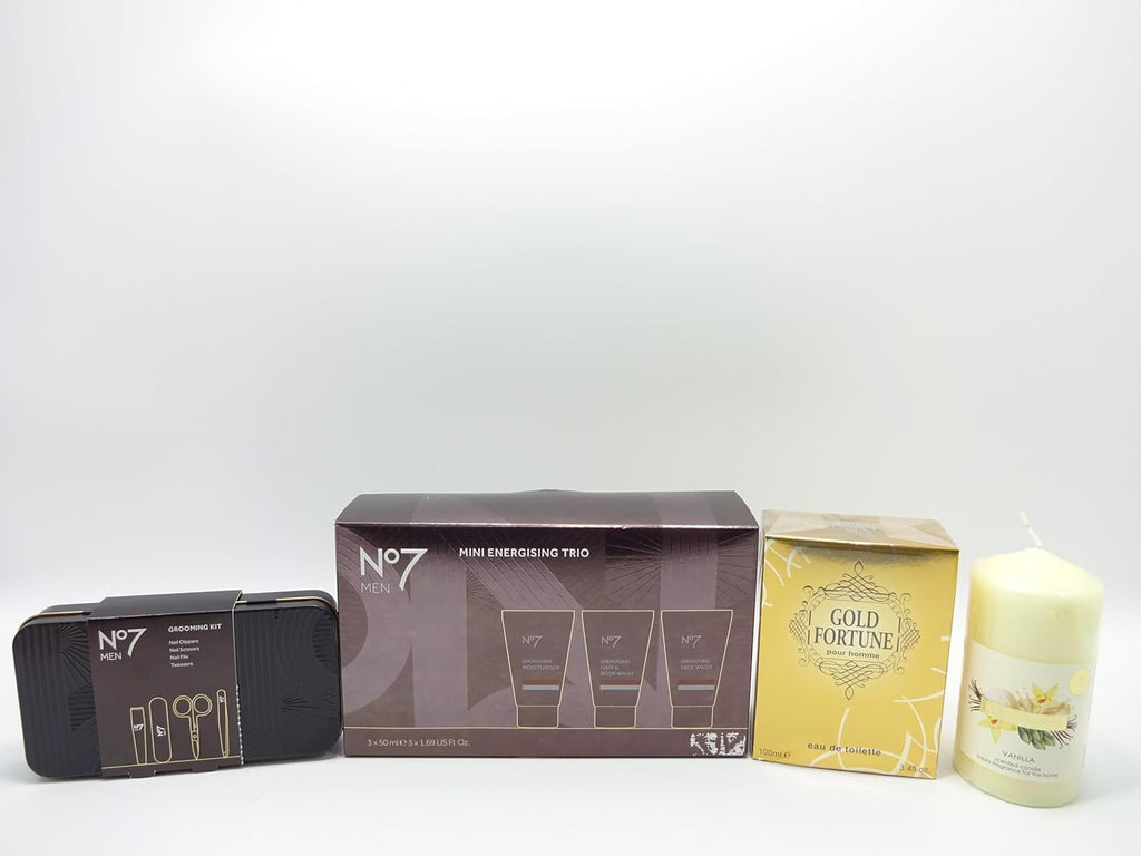 Flatlay of No7 Mini Energising Trio, grooming kit, Gold Fortune EDT, and vanilla candle
