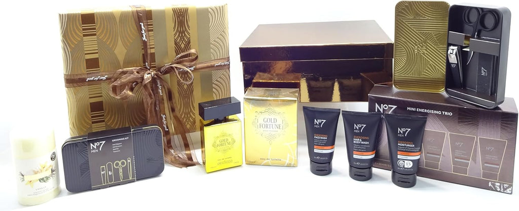 Complete Father’s Day gift set display including fragrance, No7 trio, grooming kit, and candle