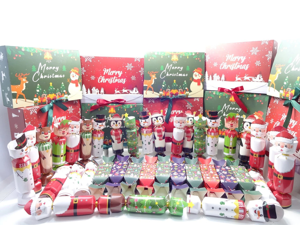 Assorted Christmas-themed items including nutcrackers, crackers, and gift boxes on a white background.