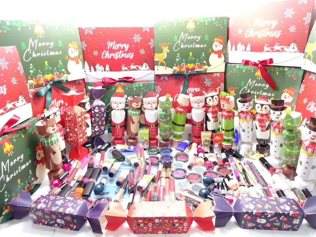 Collection of Christmas-themed makeup and decorative items on a table.