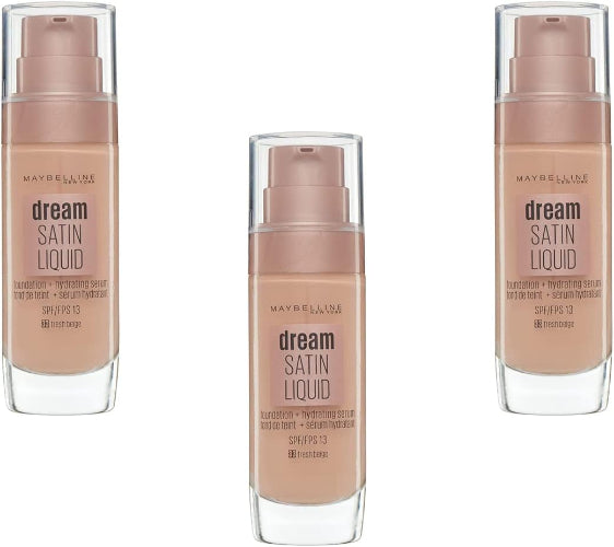 Maybelline Dream Satin Liquid Foundation shade 33 Fresh Beige pack of 3 bottles with hydrating serum SPF 13