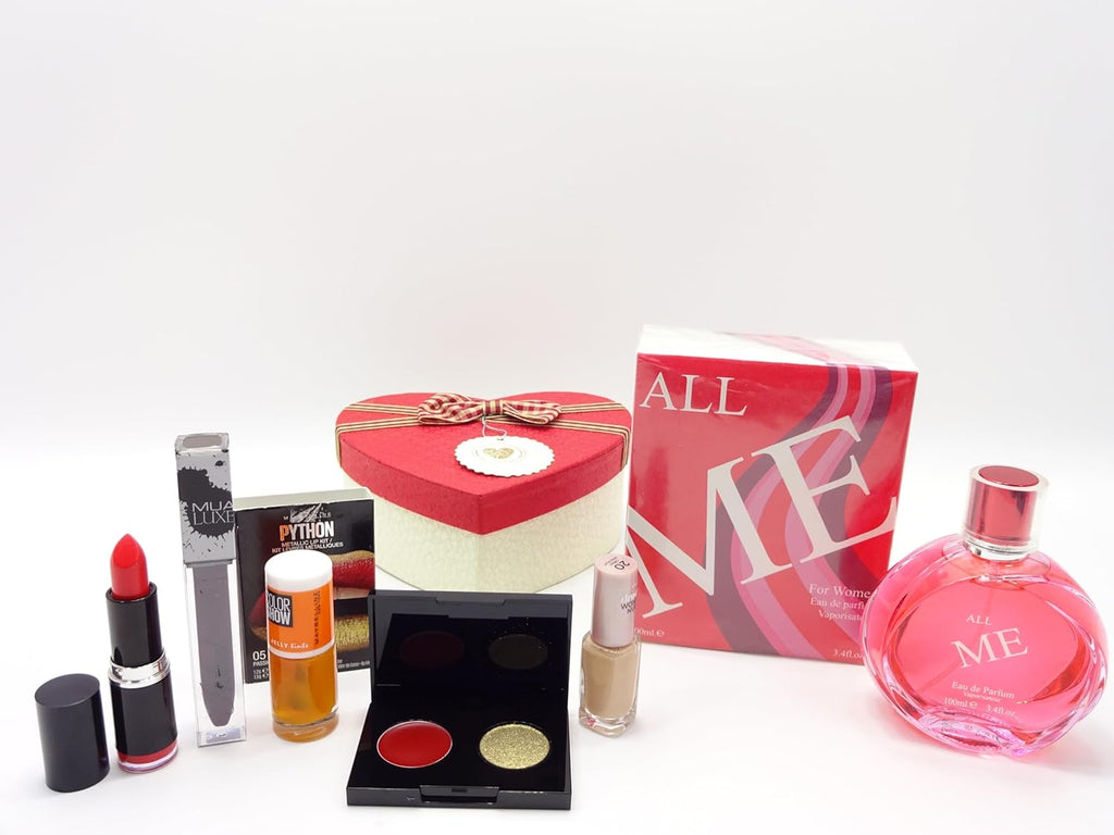 Close-up of All Me perfume and makeup kit with heart-shaped box and red-themed packaging