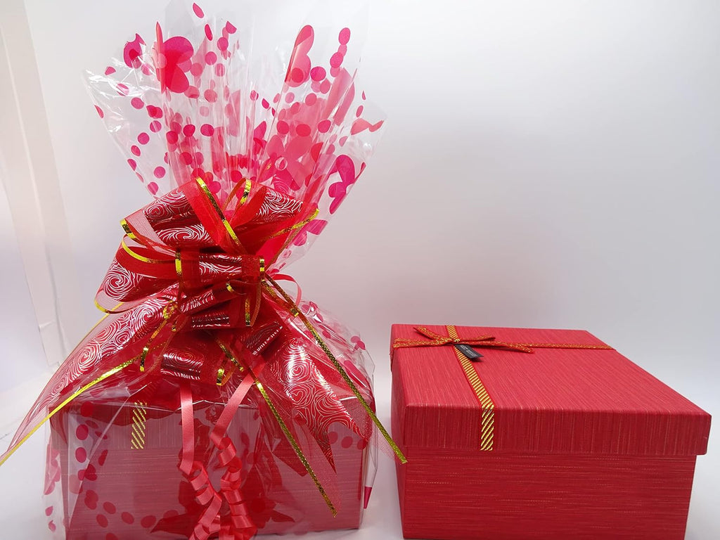 Red gift box with gold ribbon, ideal for make-up and beauty items