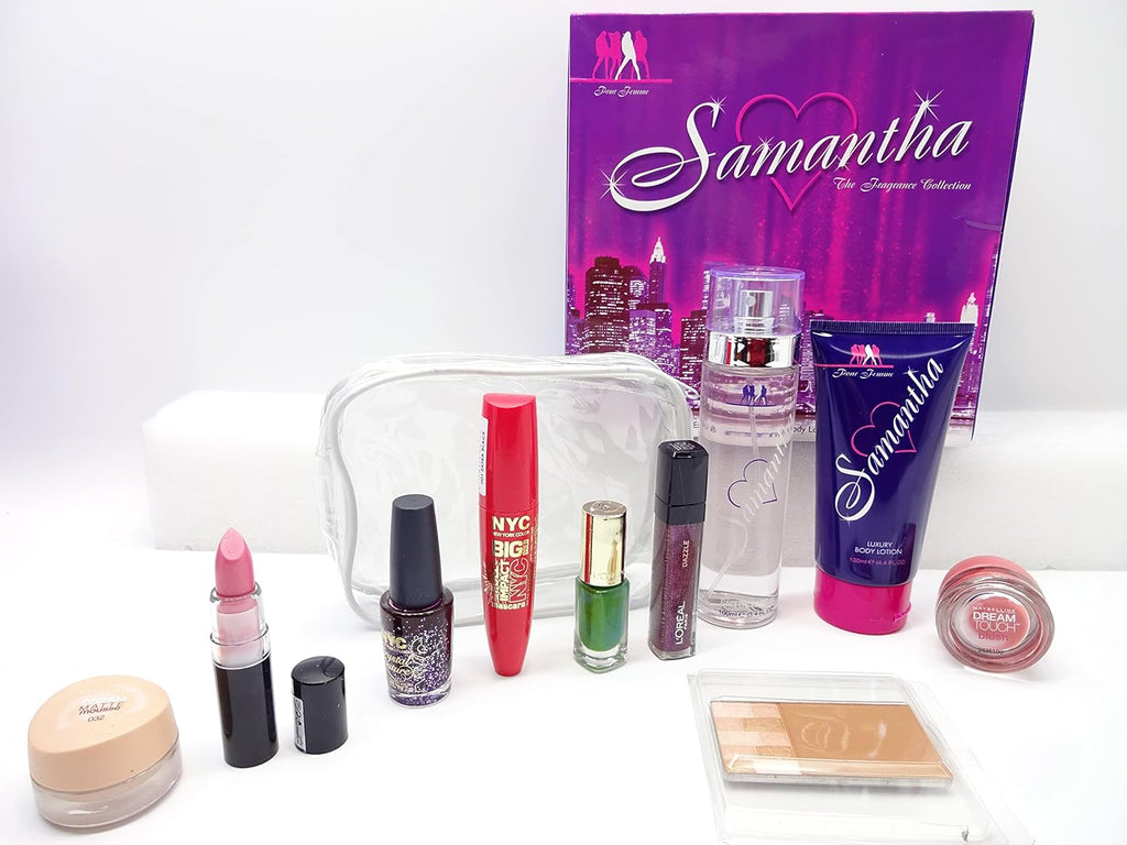 Unboxed view of Samantha 2pc perfume set and make-up collection, perfect as a beauty gift for women.