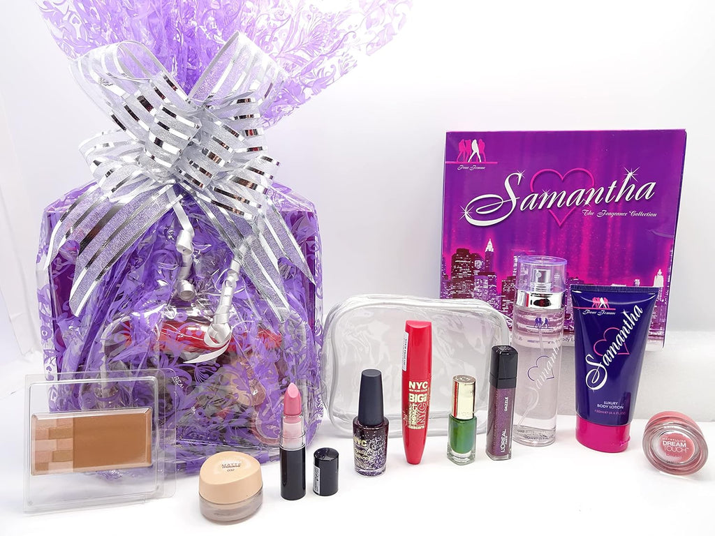 beauty gift hamper for women, Samantha 2pc perfume set, and 8pc make-up collection, gift-wrapped in purple wrapping with silver bow.