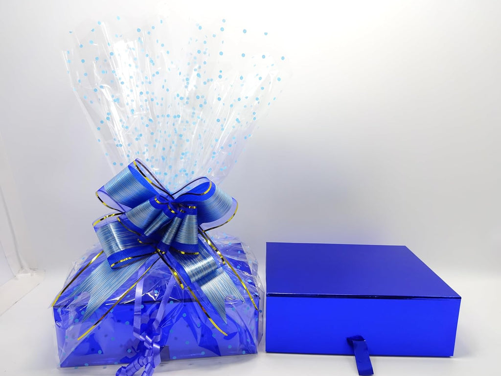 Side-by-side view of closed blue hamper box and the fully wrapped gift version with matching blue ribbon