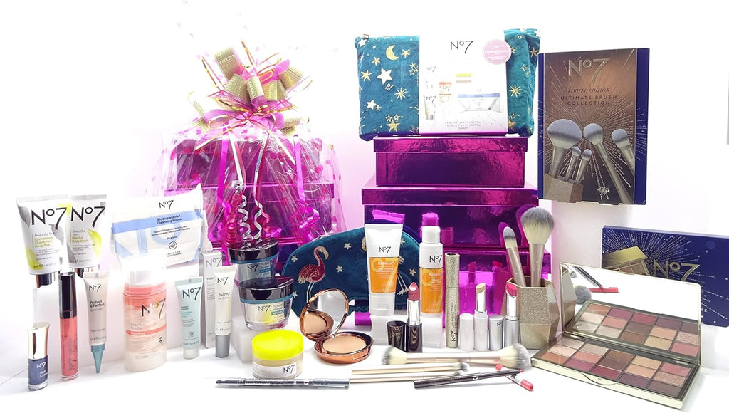 No7 skincare and pampering gift display with a wide range of makeup and beauty products, beautifully wrapped in a pink bow gift set