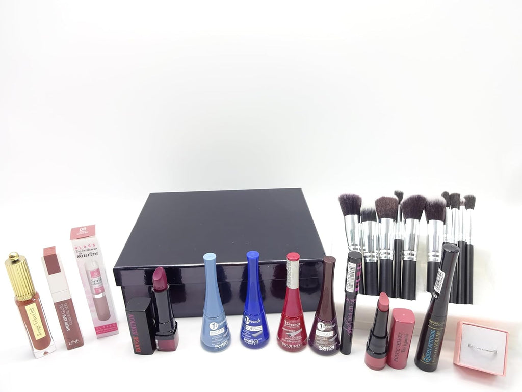 Bourjois 11-piece makeup set with a free 10-piece kabuki brush set displayed with lipsticks and mascaras