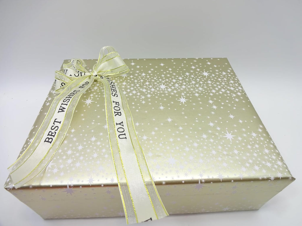 Shiny gold gift box adorned with a bow and sparkling details, perfect for gifting occasions