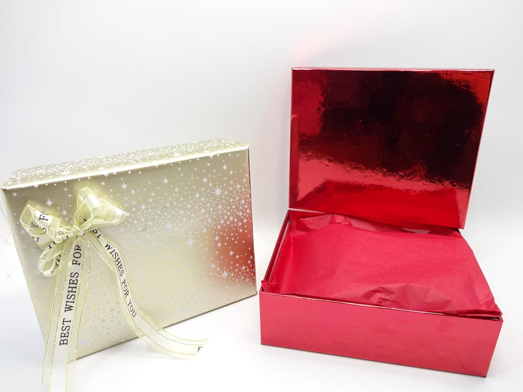 Elegant gold gift wrap with starry patterns and a ribbon inscribed with “Best Wishes For You”