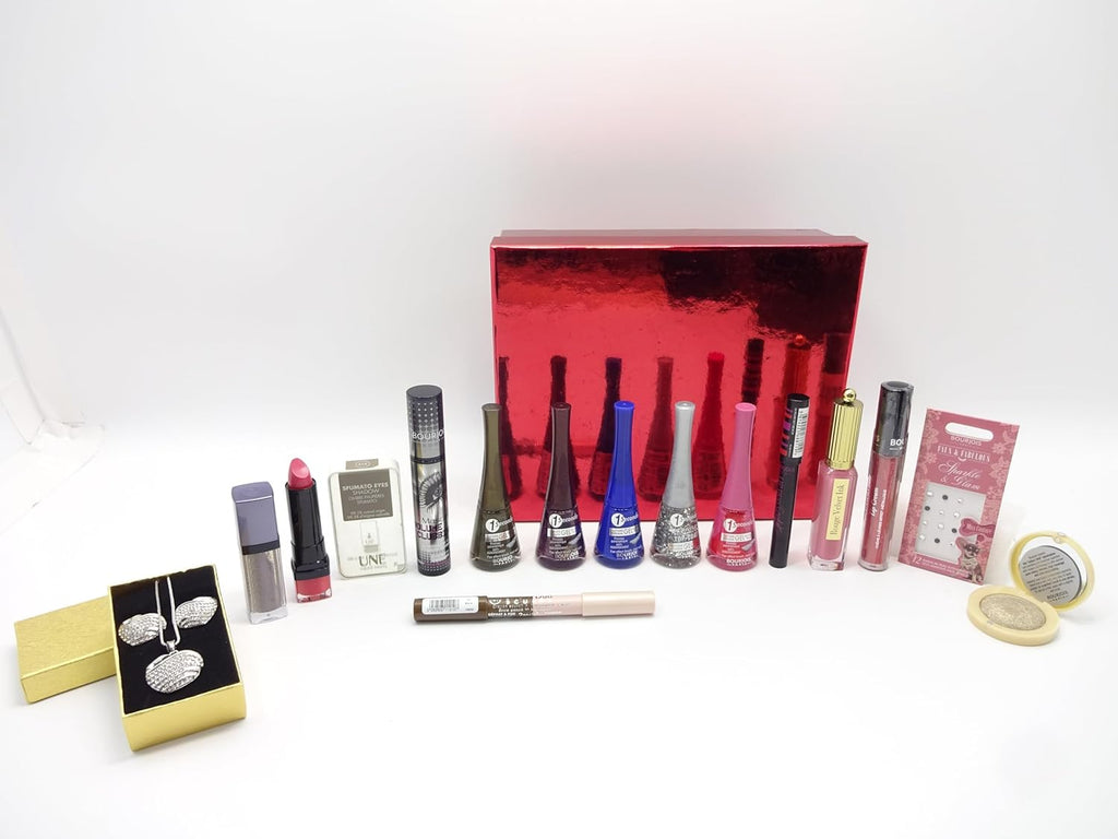 Full view of the 15pc Bourjois makeup products and crystal pendant studs included in the gift set