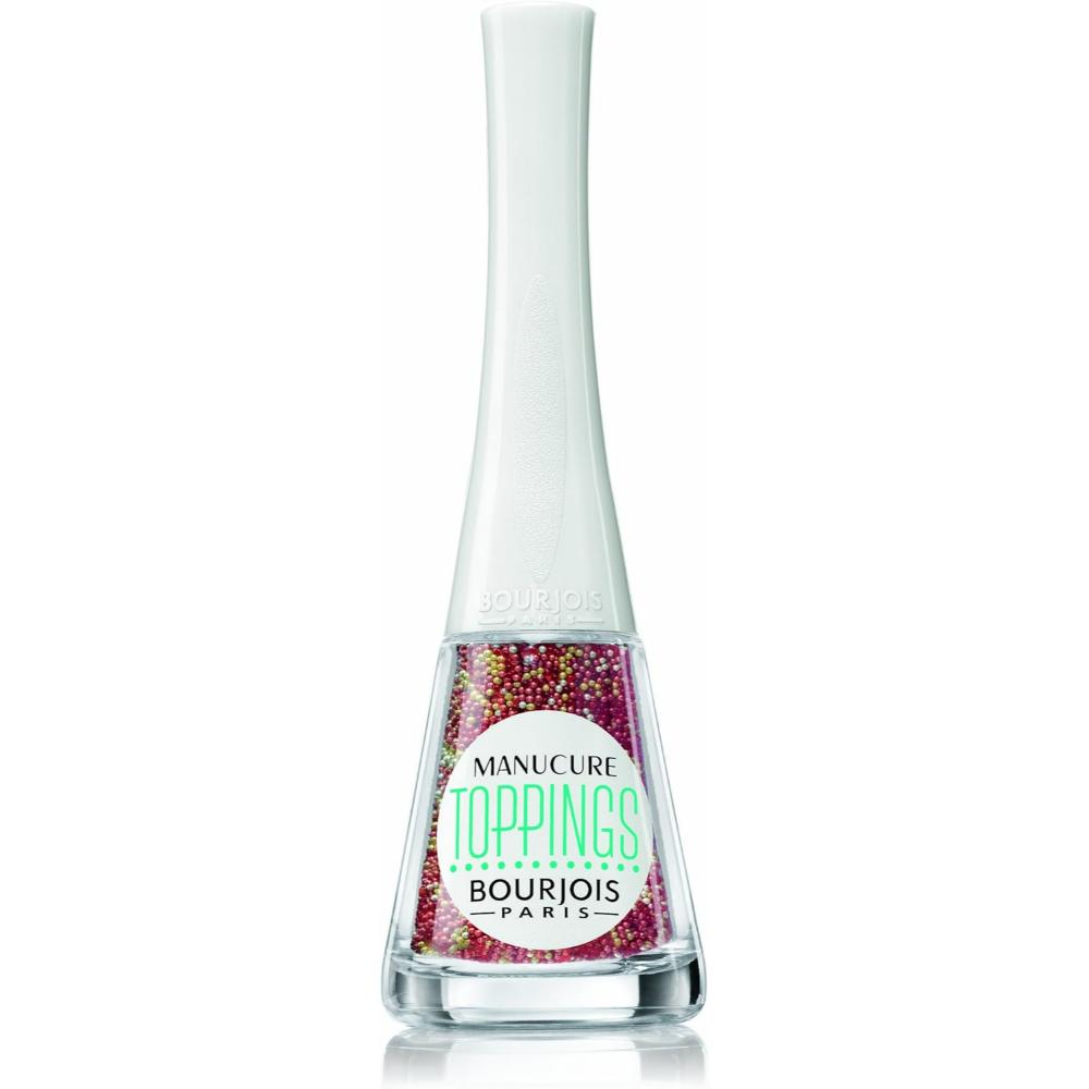 Bourjois Manicure Toppings Nail Polish in 01 Coral Bikini, featuring a bottle with a white cap filled with coral and pink glitter beads for a textured manicure.